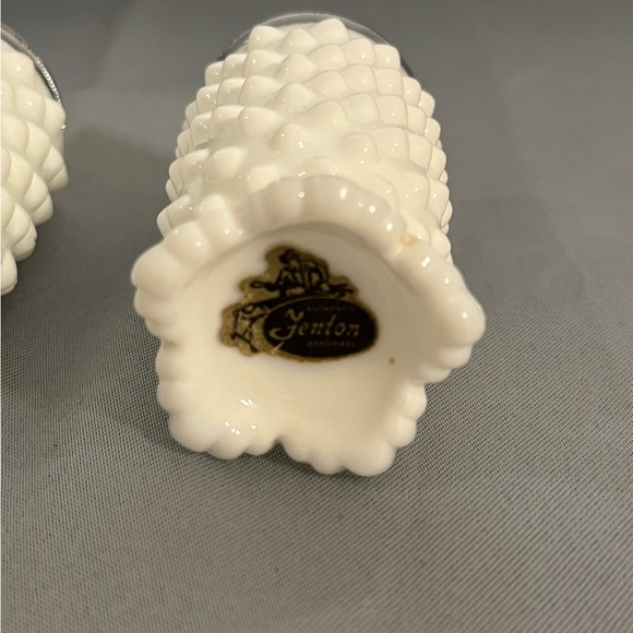Fenton Hobnail Salt Pepper Shaker Milk Glass Dew Drop  Fenton Hobnail Salt Pepper Shaker Milk Glass Dew Drop Scalloped Foot Vintage 50s